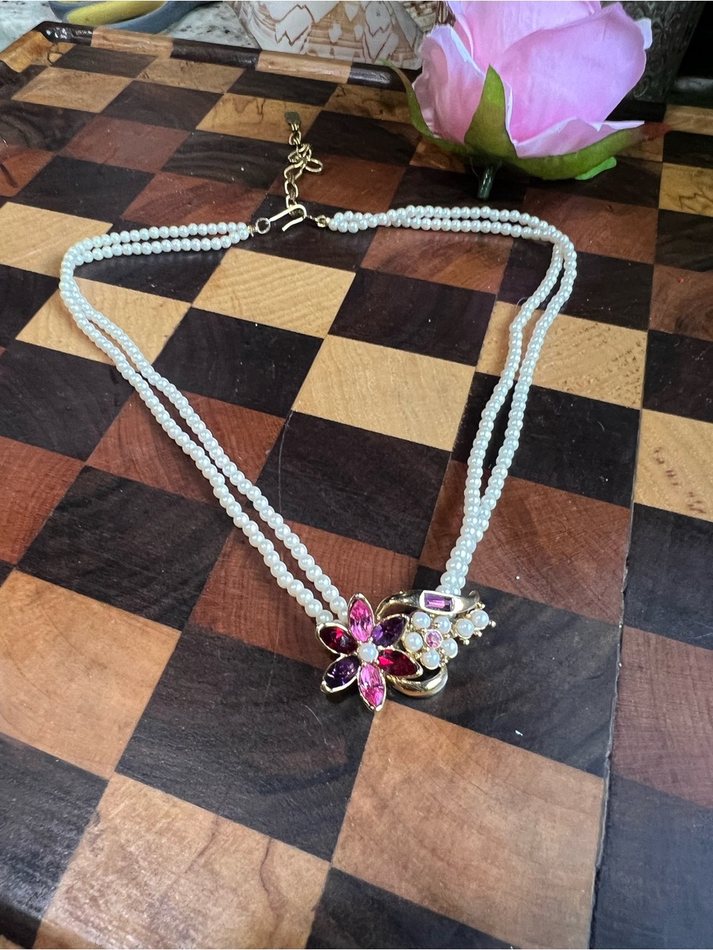 Vintage White “Pearl” Double Strand Necklace with Pink and Purple Floral Accent